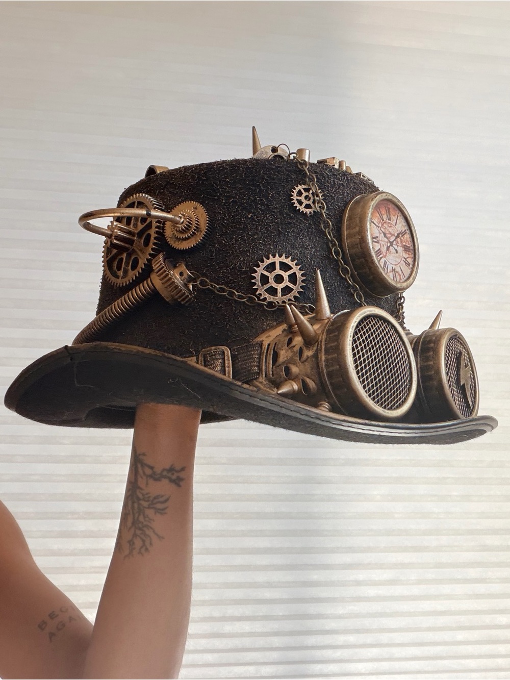 Steampunk Industrial Top Hat with Clock & Goggles – Handmade Statement Piece - Picture 6 of 15